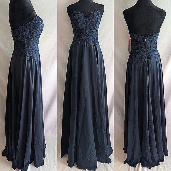 Sheer-Bodice Long PromGirl Sweetheart Blue Formal Maxi Dress Size 2 NWT - Picture 1 of 16